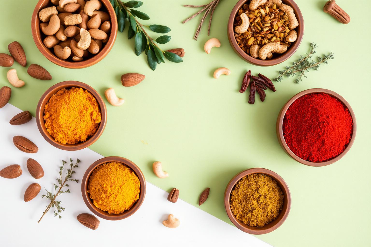 Fresh spices, almonds and herbs in wooden bowls